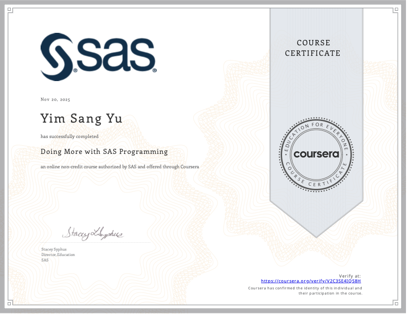 SAS Programmer Professional Certificate certificate